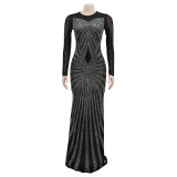 Mesh See Through Hot Drill Maxi Dress BY-6198