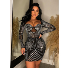 Solid Color Mesh Hot Drill Mini Dress BY-6243