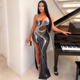 Sexy Sling Hot Drilling Split Maxi Dress NY-2685