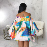 One Shoulder Bat Sleeve Print Dress YF-10441
