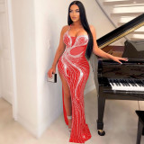 Sexy Sling Hot Drilling Split Maxi Dress NY-2685