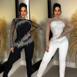 Long Sleeve Mesh Hot Drill Jumpsuits BY-6226