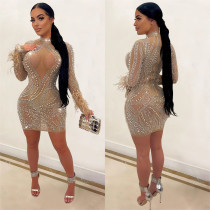 Hot Drill Pearls Mesh See Through Mini Dress BY-6192