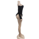 Sexy Wrap Chest Sequin Feather Bodysuit BY-6225