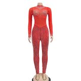 Fashion Mesh Hot Drill Long Sleeve Two Piece Pants Set BY-6203