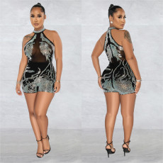 Mesh See Through Hot Drill Romper BY-6265