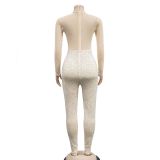 Fashion Mesh Hot Drill Long Sleeve Two Piece Pants Set BY-6203