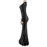 Mesh See Through Hot Drill Maxi Dress BY-6198