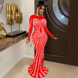 Mesh See Through Hot Drill Maxi Dress BY-6198