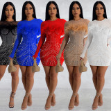 Mesh Feather Hot Drill Mini Dress BY-6215