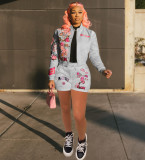 Fashion Print Baseball Coat And Shorts Two Piece Set XYF-9302