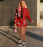 Fashion Print Baseball Coat And Shorts Two Piece Set XYF-9302