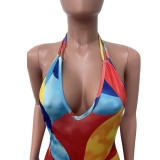 Casual Print Halter V Neck Maxi Dress OLYF-6116