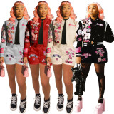 Fashion Print Baseball Coat And Shorts Two Piece Set XYF-9302
