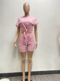 Solid Tie-Up T Shirt And Shorts Two Piece Sets NYF-8112