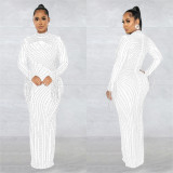 See Through Hot Drill Long Sleeve Dress And Sling Bodysuit Two Piece Set BY-6266