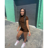 Solid Short Sleeve Zipper Pocket Romper DDF-88166