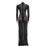 See Through Hot Drill Long Sleeve Dress And Sling Bodysuit Two Piece Set BY-6266