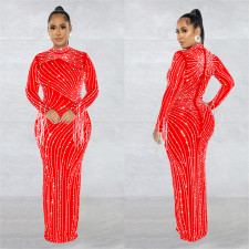 See Through Hot Drill Long Sleeve Dress And Sling Bodysuit Two Piece Set BY-6266