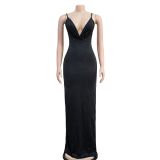 Sexy Deep V Neck Ruched Maxi Dress BY-6292