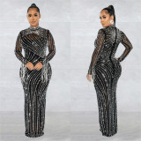 See Through Hot Drill Long Sleeve Dress And Sling Bodysuit Two Piece Set BY-6266