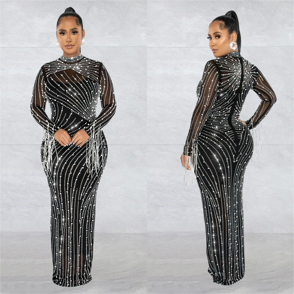 See Through Hot Drill Long Sleeve Dress And Sling Bodysuit Two Piece Set BY-6266