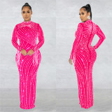 See Through Hot Drill Long Sleeve Dress And Sling Bodysuit Two Piece Set BY-6266