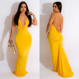 Sexy Deep V Neck Ruched Maxi Dress BY-6292