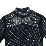 See Through Hot Drill Long Sleeve Dress And Sling Bodysuit Two Piece Set BY-6266