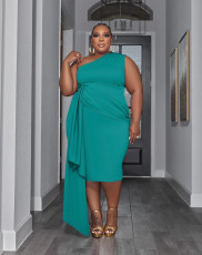 Sleeveless Ruffled Floating Belt Plus Size Midi Dress XHSY-19556