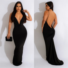 Sexy Deep V Neck Ruched Maxi Dress BY-6292