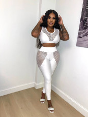 Solid Color Mesh Patchwork Two Piece Pants Set XHSY-19560