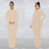 See Through Hot Drill Long Sleeve Dress And Sling Bodysuit Two Piece Set BY-6266
