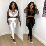 Solid Color Mesh Patchwork Two Piece Pants Set XHSY-19560