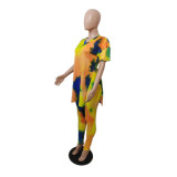 Tie-dye Print Split Top Pants Two Piece Set QXTF-8151