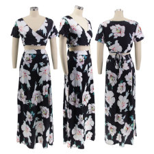 Print V Neck And Split Skirt Two Piece Set  HNIF-ZHZ004