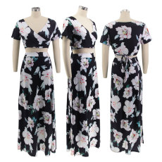 Print V Neck And Split Skirt Two Piece Set  HNIF-ZHZ004