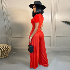 Solid Short Sleeve Pullover And Wide Leg Pants Two Piece Set SH-390498