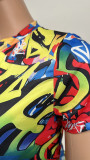 Fashion Casual Graffiti Print Short Sleeve Shorts 2 Piece Set WSYF-5961