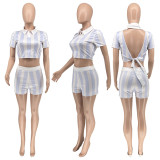 Stripe Print Lace Up Backless Top Shorts Two Piece Set WSYF-5962