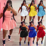 Plus Size Print Short Sleeve Pleated Skirt 2 Piece Set WAF-77426236