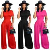 Solid Short Sleeve Pullover And Wide Leg Pants Two Piece Set SH-390498