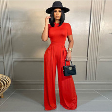 Solid Short Sleeve Pullover And Wide Leg Pants Two Piece Set SH-390498