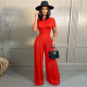 Solid Short Sleeve Pullover And Wide Leg Pants Two Piece Set SH-390498