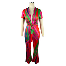 Printed Short Sleeve Jumpsuit With Belt TE-4614