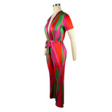Printed Short Sleeve Jumpsuit With Belt TE-4614