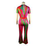 Printed Short Sleeve Jumpsuit With Belt TE-4614