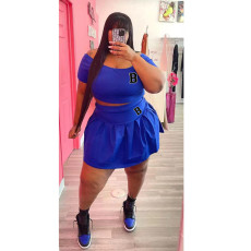 Plus Size Print Short Sleeve Pleated Skirt 2 Piece Set WAF-77426236