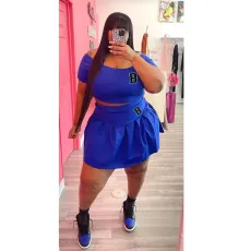 Plus Size Print Short Sleeve Pleated Skirt 2 Piece Set WAF-77426236