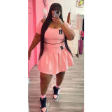 Plus Size Print Short Sleeve Pleated Skirt 2 Piece Set WAF-77426236